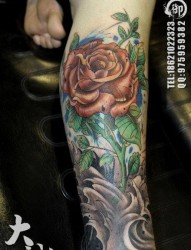 腿部漂亮潮流的彩色玫瑰花纹身图片