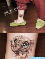 腿部精美可爱的小象纹身图片