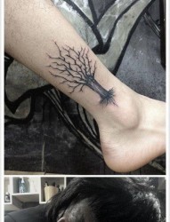 腿部流行经典的黑白小树纹身图片