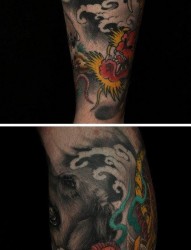 男生腿部经典的传统龙纹身图片