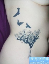 一幅女儿侧腰小树与小鸟纹身图片