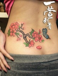 美女腰部唯美好看的花卉蝴蝶纹身图片