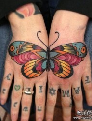 女性手背潮流漂亮的彩色蝴蝶纹身图片