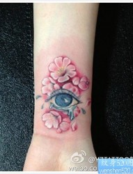 女人手腕精美潮流的眼睛花卉纹身图片