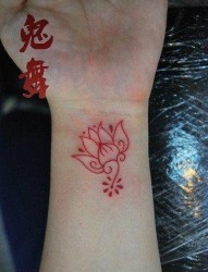 女人手腕小巧时尚的线条莲花纹身图片