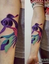 一幅彩色手臂金鱼纹身图片由纹身520图库推荐