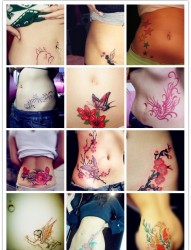 女性腹部各种彩色性感刺青
