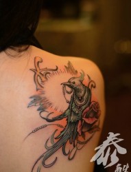 女人肩背漂亮潮流的小鸟与玫瑰纹身图片