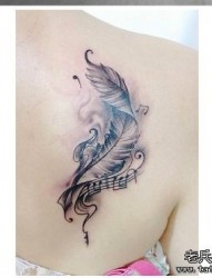 一幅女人肩背羽毛纹身图片由纹身520图库推荐