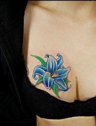 胸部纹身图片：胸部彩色花卉百合花纹身图片纹身作品