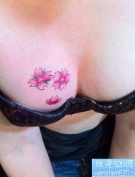 女孩子胸部彩色樱花纹身图片