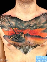 男生胸前潮流时尚的帆船纹身图片