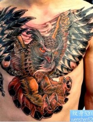 胸口一幅潮流的猫头鹰纹身图片
