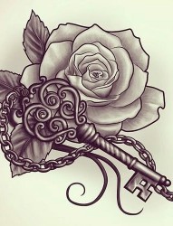 一款经典的花朵和钥匙的纹身图案