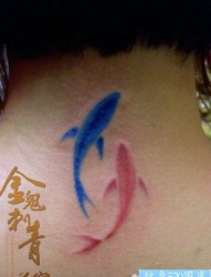 女人脖子处彩色小鱼纹身图片