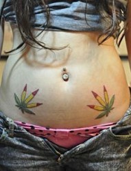 一幅女孩子腹部彩色枫叶纹身图片