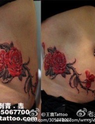 美女腹部潮流精美的玫瑰花纹身图片