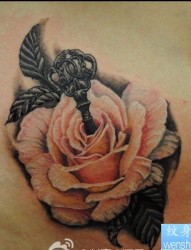 女人腹部漂亮精美的玫瑰花与钥匙纹身图片