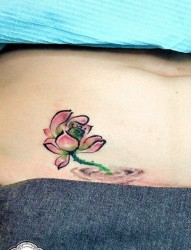 女人腹部唯美时尚的写意莲花纹身图片