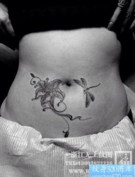 女性腹部时尚的黑白百合花与蜻蜓纹身图片