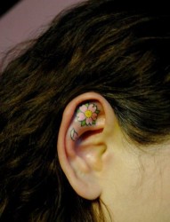 女人耳部小巧潮流的樱花纹身图片