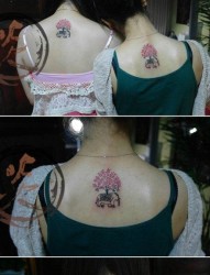 女人后背小巧的小象与小树纹身图片