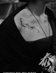 美女锁骨处小巧时尚的藤蔓纹身图片