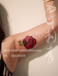 女人手臂内侧一幅小巧唯美的小玫瑰纹身图片