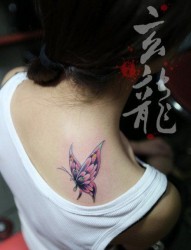 女人后肩背小巧时尚的蝴蝶纹身图片