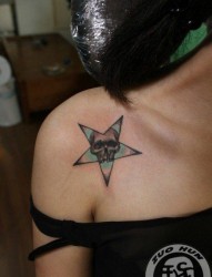 女人肩膀处潮流经典的五角星骷髅纹身图片