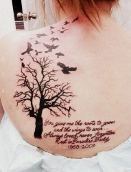 背部漂亮的大树小鸟英文纹身