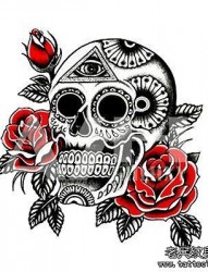 纹身520图库推荐一幅个性骷髅头玫瑰花纹身手稿图片