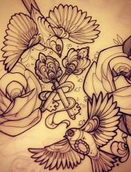 唯美的纹身手稿:小鸟飞翔在花朵中
