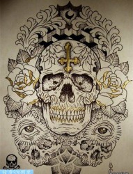 彩色骷髅头纹身手稿作品