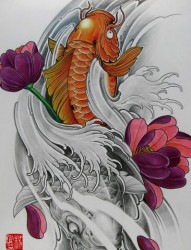 鲤鱼和花的纹身图案手稿