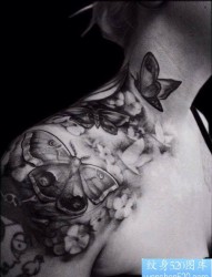 一幅很酷的肩背蝴蝶骷髅头纹身作品