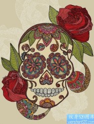 一幅欧美骷髅玫瑰纹身图案