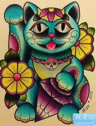 彩色招财猫纹身图案