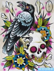 欧美骷髅头鸟纹身图案