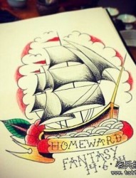 一款帆船纹身手稿图案