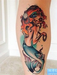 腿部个性美人鱼纹身图案