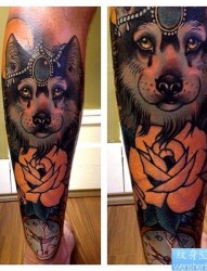 腿部个性彩色狗狗纹身图案