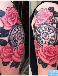 一款手臂时钟玫瑰花纹身图案