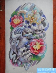 骷髅头玫瑰花纹身手稿图案