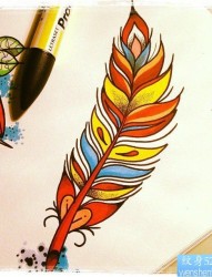 彩色羽毛纹身手稿图案