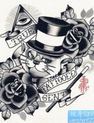 一款猫玫瑰线稿纹身图案