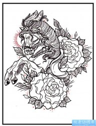 线条马玫瑰纹身图案