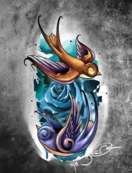 一款彩色燕子纹身手稿图案