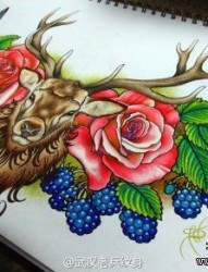 一款鹿玫瑰花纹身手稿图案