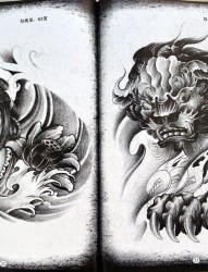 人物莲花唐狮纹身手稿图案